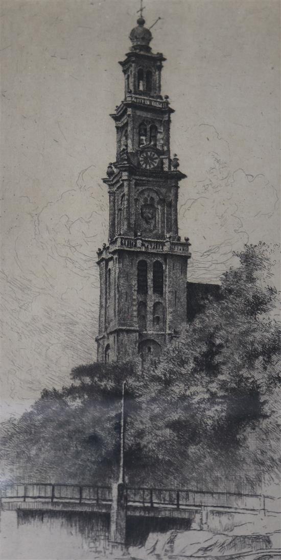 A Dutch etching of a bell tower, a watercolour coastal scene and two other pictures